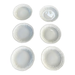 Antique KPM Reticulated Pierced Porcelain Basketweave Pastry Bowls - Set of 6 For Sale