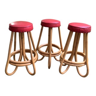 Mid Century Paul Frankl Style Bent Rattan Bar Stools - Set of 3 For Sale