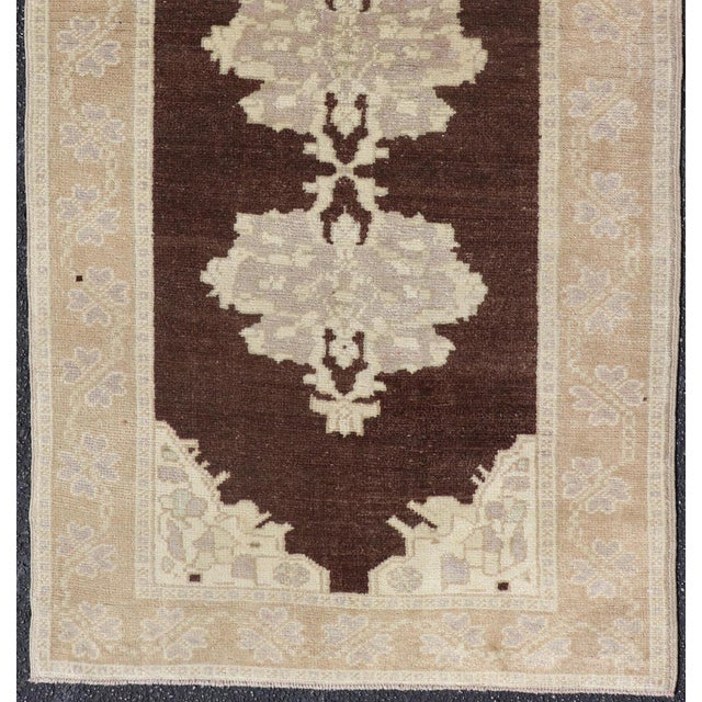 Brown Background Vintage Turkish Oushak Runner With Medallions in Cream & Ivory For Sale - Image 4 of 12