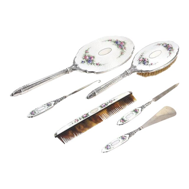 Sterling & Enamel Floral Dresser Set - 6 Pieces For Sale