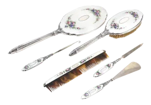 Sterling & Enamel Floral Dresser Set - 6 Pieces
