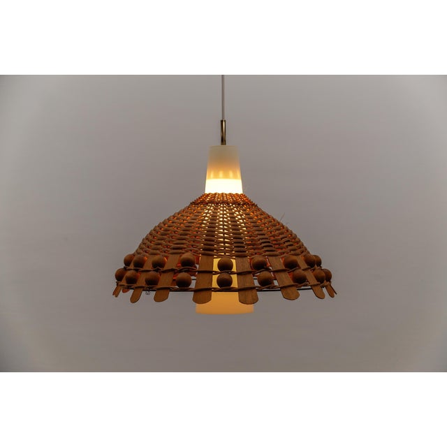 Mid-Century Modern Pendant Light in Rattan, Opaline Glass and Copper, 1960s For Sale - Image 6 of 9