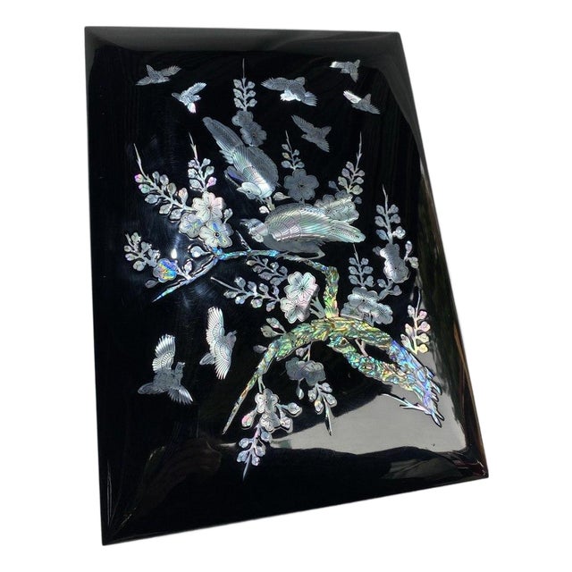 Late 20th Century Korean Mother-of-Pearl Lacquer Document Box With Birds & Blossoms For Sale