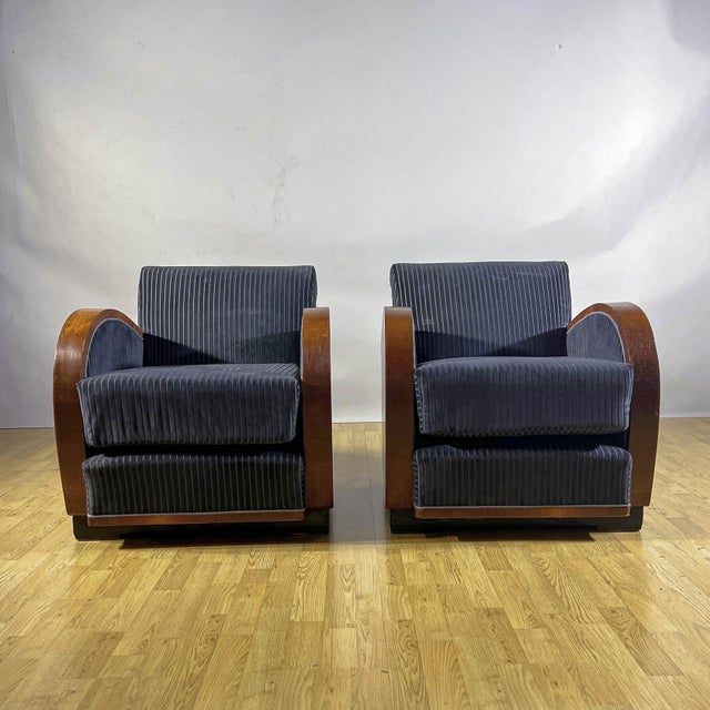 1930s Art Deco Armchairs in Walnut Burl and Navy Blue Striped Velvet, 1930s, Set of 2 For Sale - Image 5 of 9