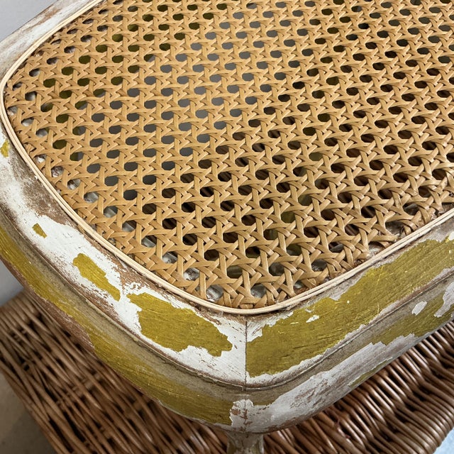 Wood Vintage French Carved Wood Footstool Caning Replaced Chippy Original Finish Beige Yellow For Sale - Image 7 of 11