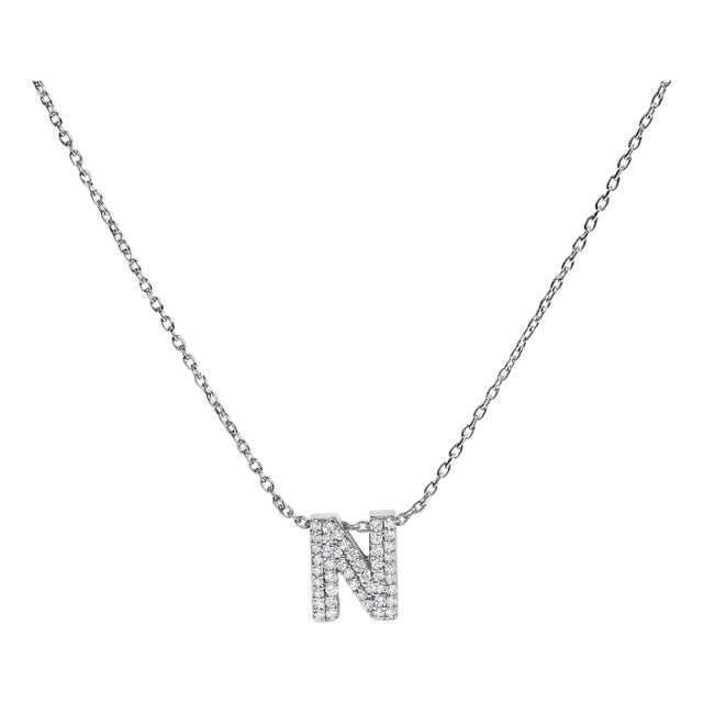 10K White Gold Diamond Accent "N" Initial Bubble Pendant Necklace For Sale