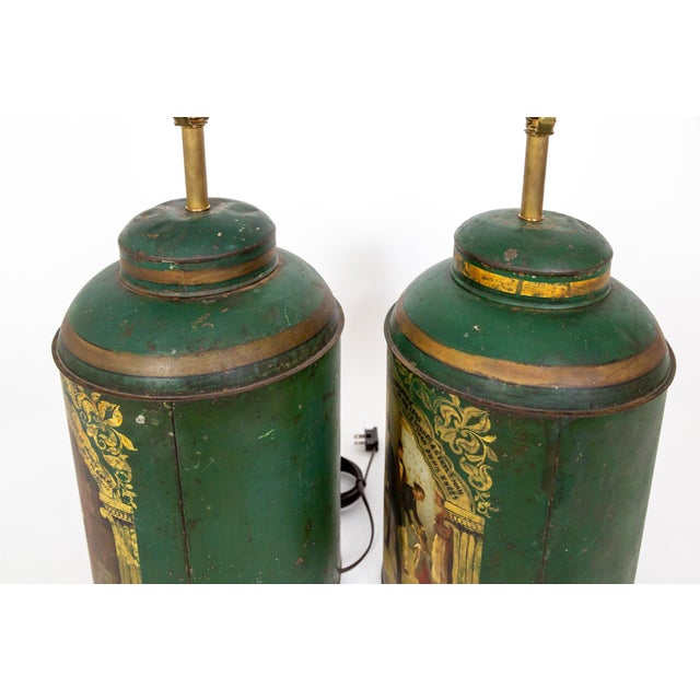English Late 19th Century Large Green Hand-Painted English Tea Canister Lamps - a Pair For Sale - Image 3 of 11