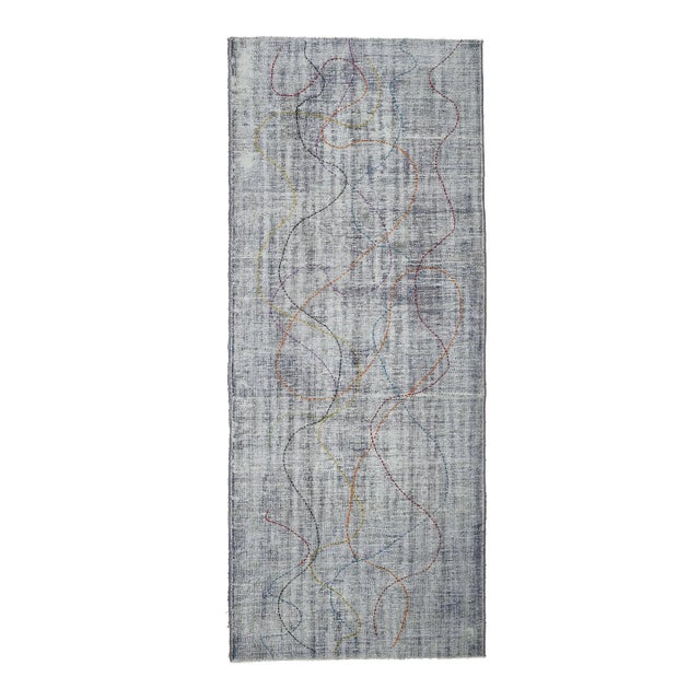 Vintage Turkish Hand-Knotted Wool Cotton Blue Runner For Sale