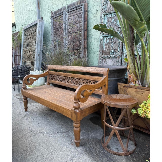 Wood Vintage Balinese Carved Teak Boho Bench For Sale - Image 7 of 7