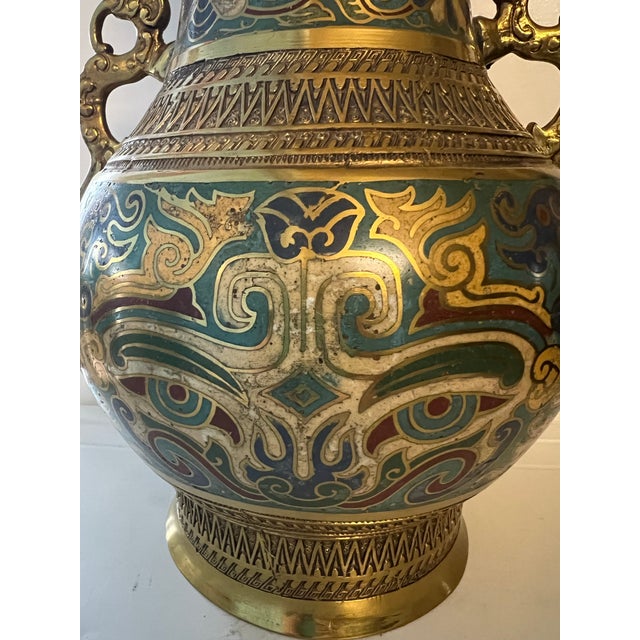 Japanese Antique Japanese Brass Champlevé Cloisonné Enamel Vase With Dragon Handles For Sale - Image 3 of 9
