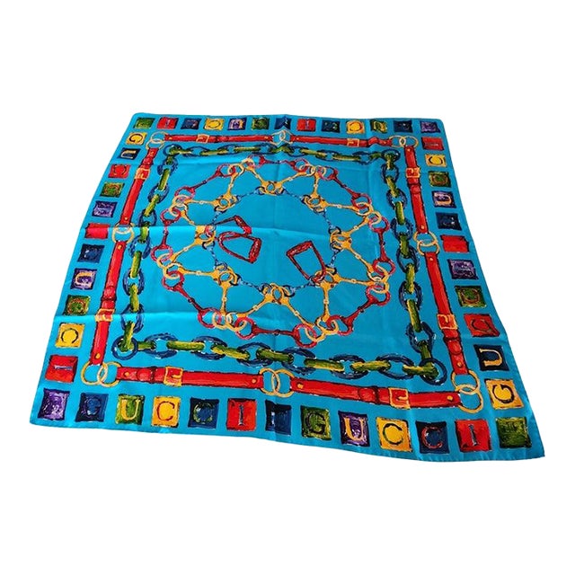 1990s Gucci Italian Silk Scarf Equestrian Blue For Sale