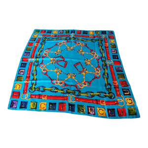 1990s Gucci Italian Silk Scarf Equestrian Blue