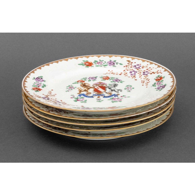 Set of Five Samson Porcelain Armorial Plates, each hand-painted with the Egerton family coat of arms and motto "Sic Donec"...