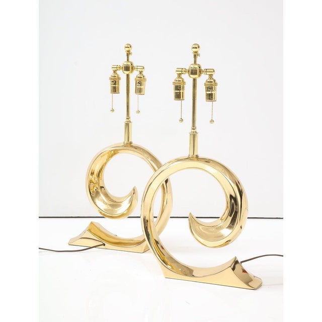 Brass Pair of Polished Brass Pierre Cardin Logo Lamps by Erwin Lambeth For Sale - Image 8 of 10