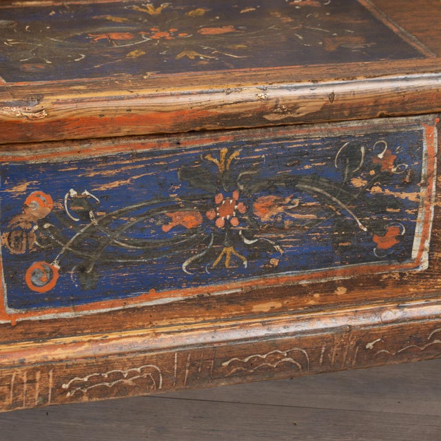 Original Hand Painted Long Pine Bench Dated 1933 For Sale - Image 6 of 9