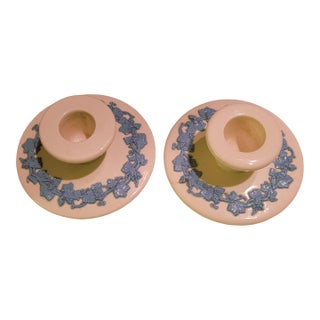 Wedgwood Etruria Blue on Cream Queensware Candle Holders, Barlaston Embossed. Made in England. For Sale