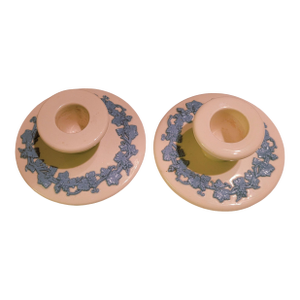 Wedgwood Etruria Blue on Cream Queensware Candle Holders, Barlaston Embossed. Made in England.