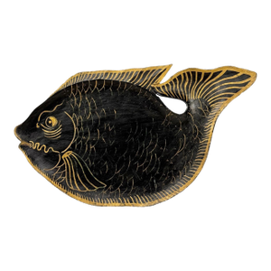 Antique Coastal Folk Art Black Lacquered Wood Fish Serving Platter - 22"
