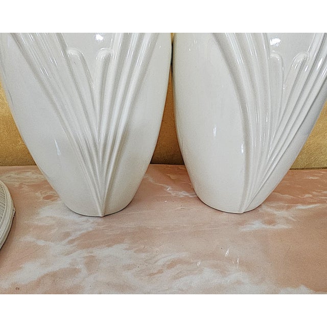 Ivory Pair of Vintage White Art Deco Ceramic Table Lamps With Pleated Shades – 27” For Sale - Image 8 of 18