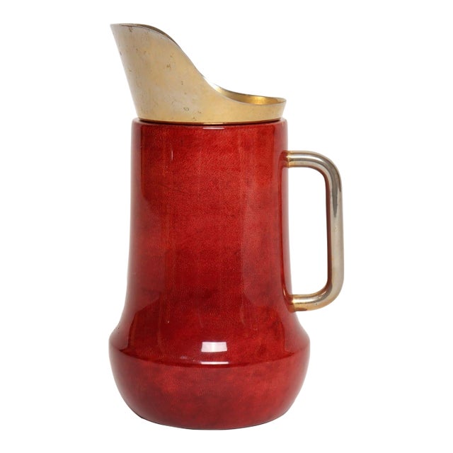 1950s Italian Modernist Pitcher in Brass and Dyed Red Goatskin by Aldo Tura For Sale