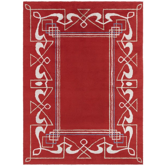 Doris Leslie Blau 1940s Vintage European Art Deco Rug in Crimson & Ivory For Sale