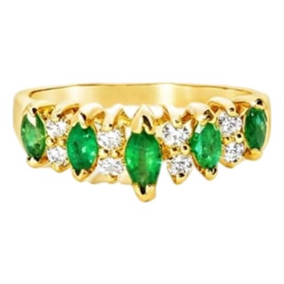 Late 20th Century 14K Yellow Gold Marquise Emerald Diamond Ring Estate by EFFY, Size 7 For Sale