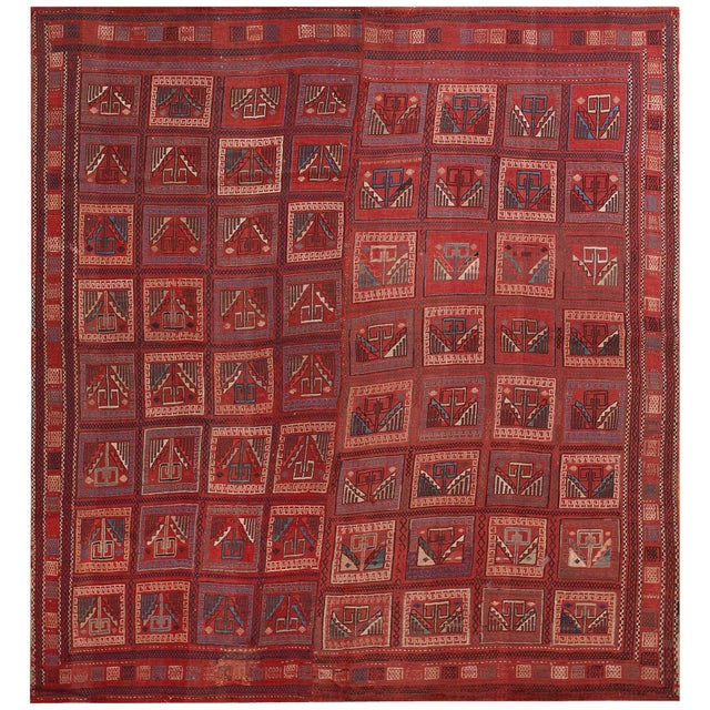 1870s Red Geometric Antique Caucasian Verneh Flat-Weave Rug 5'8" X 6'4" Wool Carpet For Sale - Image 9 of 18