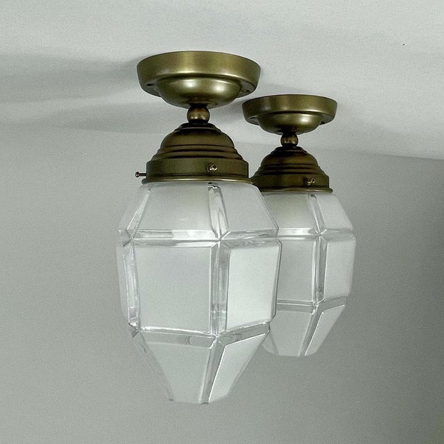 Art Deco Frosted Glass and Burnished Brass Flush Mounts, Austria, 1920s, Set of 2 For Sale - Image 4 of 16
