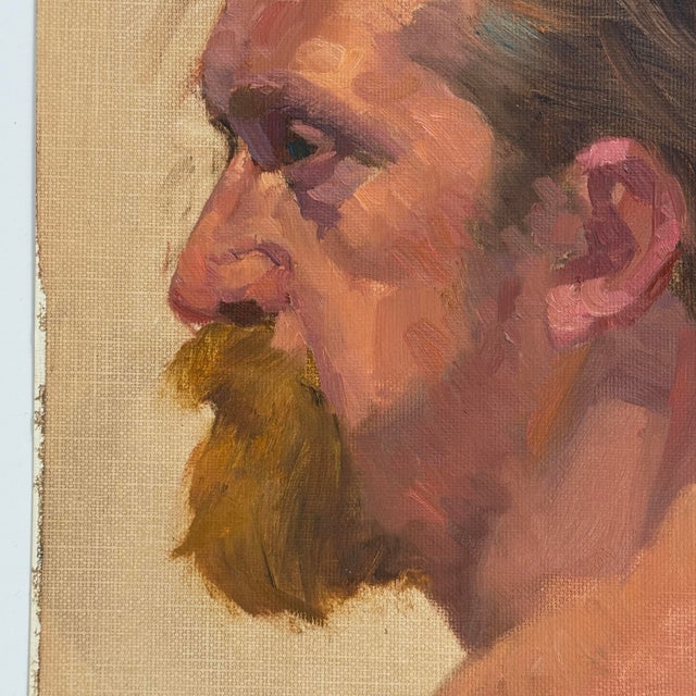 Vintage Realist Profile Portrait of A Bearded Man (c. 1970, Oil on Canvas Paper). In good condition with wear consistent...