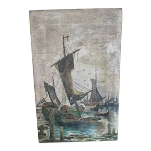 Antique Realist Oil Painting of Sailing Ships at Sea
