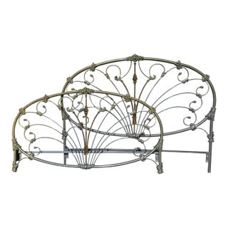 Vintage French Elliott's Designs Iron Gold Silver King Headboard & Footboard For Sale
