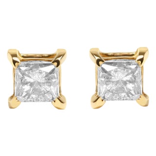 14K Yellow Gold 5/8 Cttw Princess Natural Brown Color Diamond 4-Prong Stud Earrings, A Pair For Sale