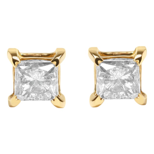 14K Yellow Gold 5/8 Cttw Princess Natural Brown Color Diamond 4-Prong Stud Earrings, A Pair For Sale