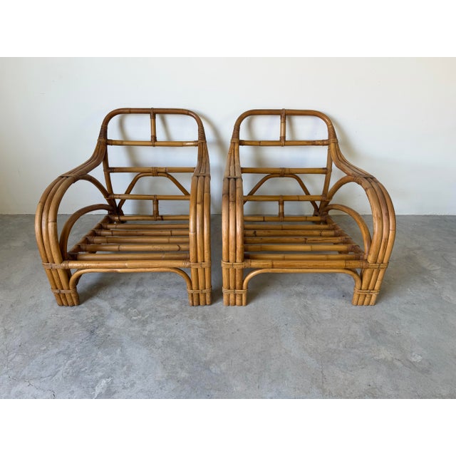 Mid-Century Paul Frankl Style Bamboo & Rattan Lounge Chairs – A Pair For Sale - Image 11 of 12
