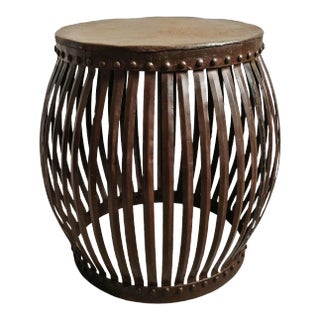 Vintage Farmhouse Industrial Iron Drum Strap Side Table For Sale