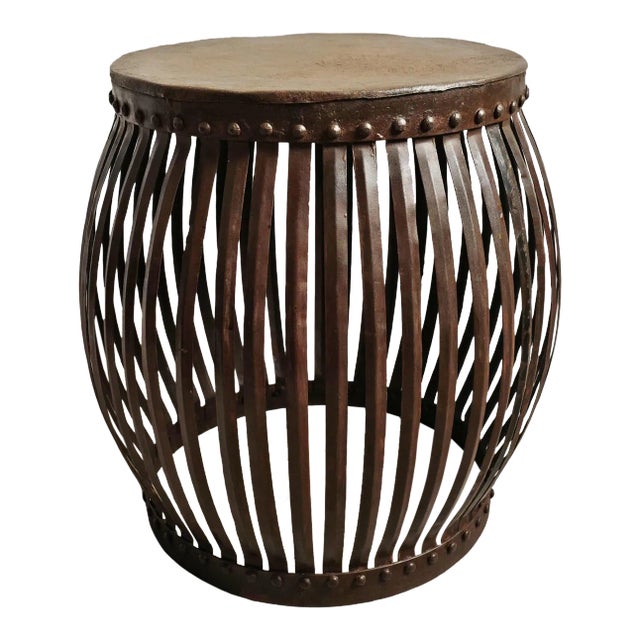 Vintage Farmhouse Industrial Iron Drum Strap Side Table For Sale