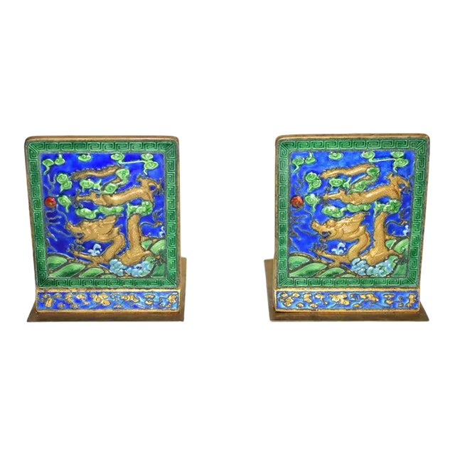 Pair 20th Century Chinese Enamel Dragon Bookends For Sale