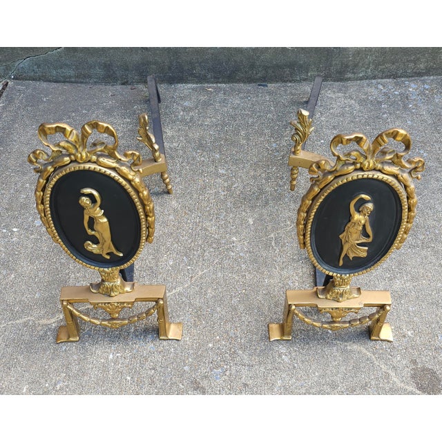 Mid 20th Century Pair of Louis XVI Style Figural Brass and Iron Ribbon Decorated Andirons For Sale - Image 5 of 6