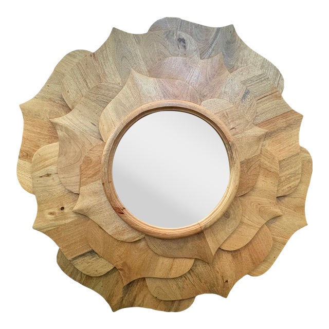 Vintage Carved Wood Lotus Blossom Beveled Mirror For Sale