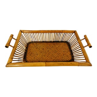 Large Natural Bamboo Wood & Wicker Bread Basket Tray With Handles For Sale