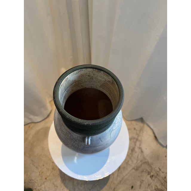 Contemporary Late 20th Century Handcrafted Raku Ceramic Vase With Crackled Glaze and Drainage Hole For Sale - Image 3 of 10