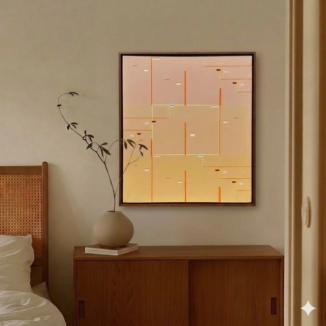 Vintage geometric oil painting on canvas by Julius Kramer (1920-2020). Signed on back. Newly framed in a beautiful walnut...