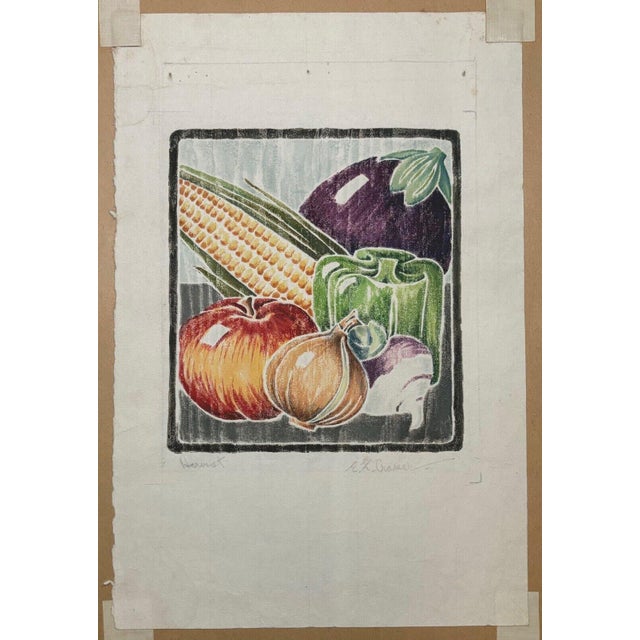 Vintage E.f. Cramer Harvest Still Life Fruit & Veggies White Line Woodcut Print For Sale - Image 4 of 10
