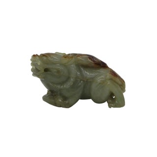 Detail Hand Carved Natural Jade Chinese Lucky Feng Foo Dog With Horn Statue For Sale