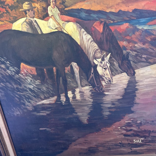 Vintage Signed “Bell” American West Large Painting on Canvas- Watering the Horses For Sale - Image 12 of 12
