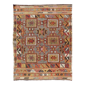 Vibrant Vintage Turkish Kilim Rug With Intricate Geometric Patterns and Rich Hue 3'1 X 4'2