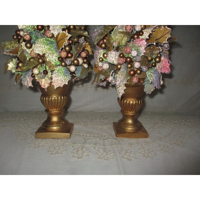 1990s Vintage Christmas Gold, Green, Red Holly & Berry Topiary Trees For Sale - Image 5 of 10