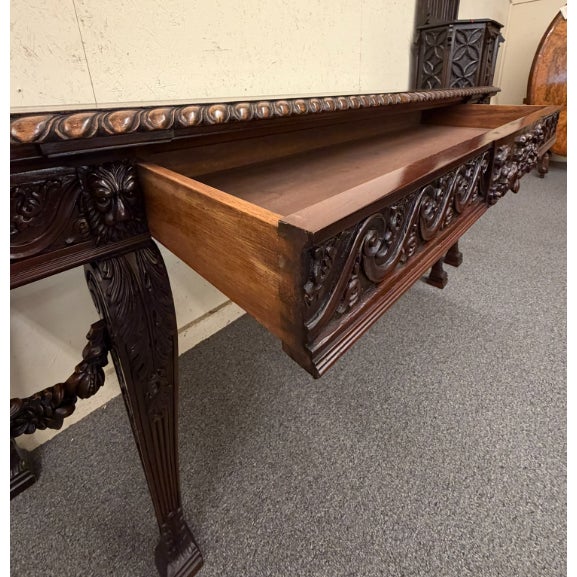 Regency Style Hand-Carved Mahogany & Walnut Console Table With Grotesque Mask Apron, Circa 1980 For Sale - Image 4 of 8