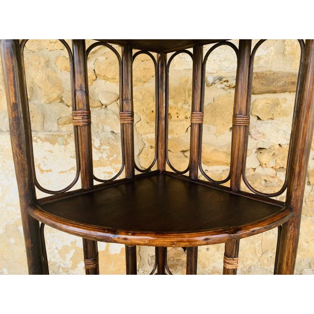 Brown Mid-Century Modern Bamboo and Rattan Three-Tier Corner Shelf, 1960s For Sale - Image 8 of 18