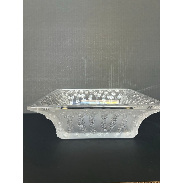 Glass 1930s Lalique "Roses" Square Bowl, Featuring a Frosted Crystal Exterior Adorned With a Detailed Relief Pattern of Rose Blossoms and Trellises. For Sale - Image 7 of 8